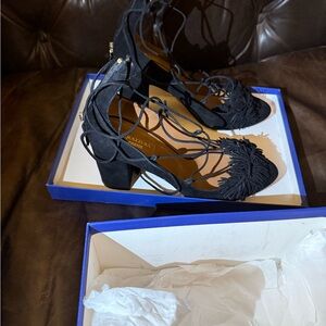 Aquazzura Black Tassel Lace-Up Suede Heels